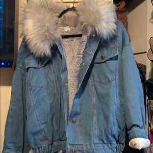 Jean jacket with faux fur hood